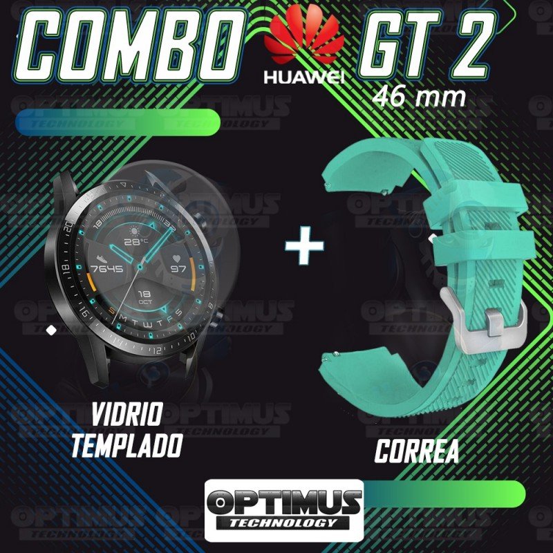 Kit Correa Pulso Manilla de Goma Y Vidrio Templado Huawei Gt 2 46mm Color  Verde Agua Marina