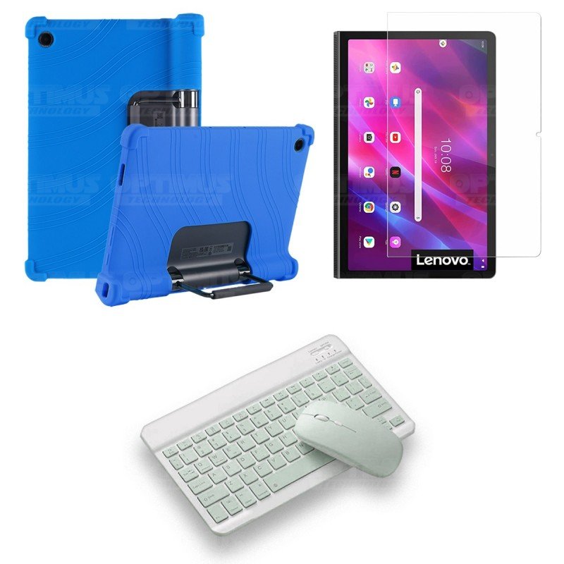 Kit Vidrio templado + Estuche Protector Goma + Teclado y Mouse Bluetooth para Tablet Lenovo Yoga Tab 11 2021 YT-J706F