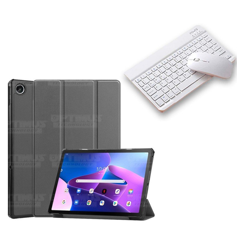 Kit Case + Teclado y Mouse para Lenovo Tab M10 Plus 3era Gen Color Gris -  Color del Teclado Blanco