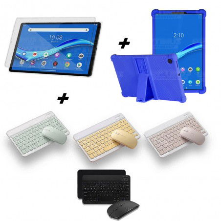 Kit Vidrio templado + Estuche Protector Goma + Teclado y Mouse Ratón Bluetooth para Tablet Lenovo M10 Plus Tb-x606f