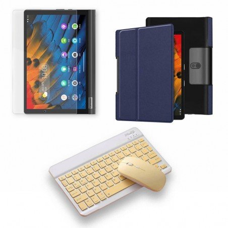 Kit Vidrio templado + Case Forro Protector + Teclado y Mouse Ratón Bluetooth para Tablet Lenovo Yoga Smart Tab Yt-x 705f