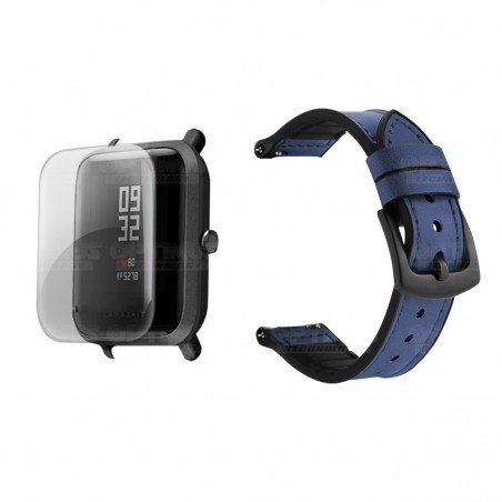 KIT Correa Manilla de cuero leather y Buff Screen protector para Reloj Smartwatch Xiaomi Amazfit Bip