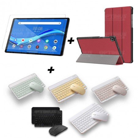Kit Vidrio templado + Case Forro Protector + Teclado y Mouse Ratón Bluetooth para Tablet Lenovo M10 Plus Tb-x606f