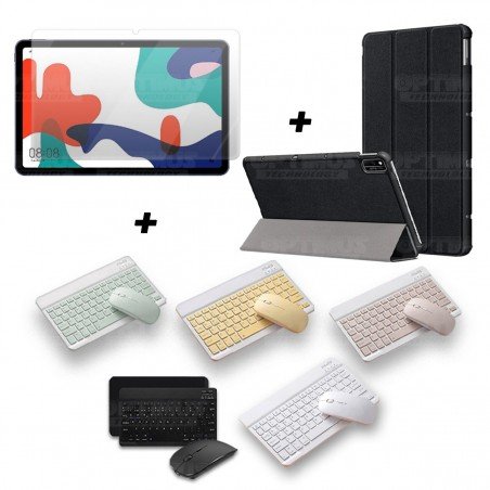 Kit Vidrio templado + Case Forro Protector + Teclado y Mouse Ratón Bluetooth para Tablet Huawei Matepad 10.4