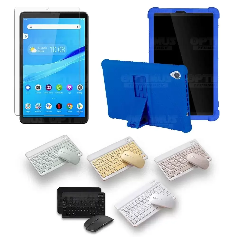 Kit Vidrio templado + Estuche Protector Goma + Teclado y Mouse Bluetooth  para Tablet Lenovo Tab M8 8505x / x8505f Color Azul - Color del Teclado  Verde