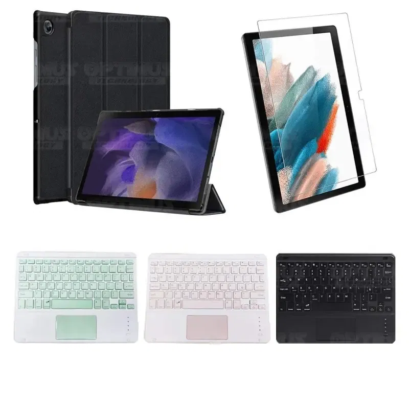 Kit Vidrio templado + Case Protector + Teclado Touchpad Bluetooth Tablet Samsung Galaxy Tab A8 10.5 2021 SM-x200, SM-x205 OPTIMU